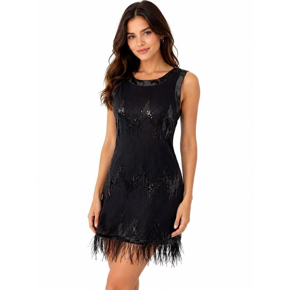 Vertigo Black Sleeveless Dress Embellished Mesh Feathers LBD SZ S